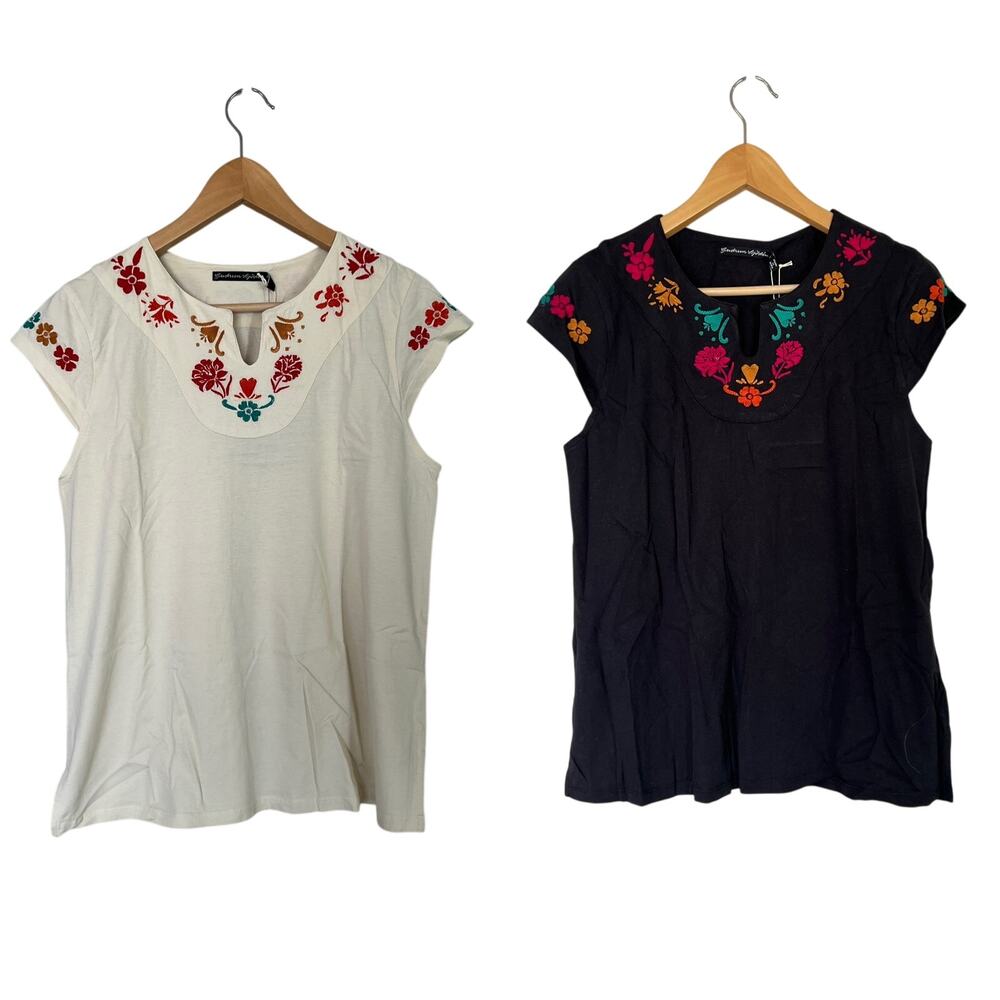 Gudrun Sjoden Embroidered Black White Blouse Top Size M Lot of 2 Cotton Peasant